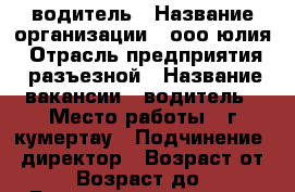 водитель › Название организации ­ ооо юлия › Отрасль предприятия ­ разъезной › Название вакансии ­ водитель › Место работы ­ г.кумертау › Подчинение ­ директор › Возраст от ­ 19 › Возраст до ­ 45 - Башкортостан респ., Кумертау г. Работа » Вакансии   . Башкортостан респ.